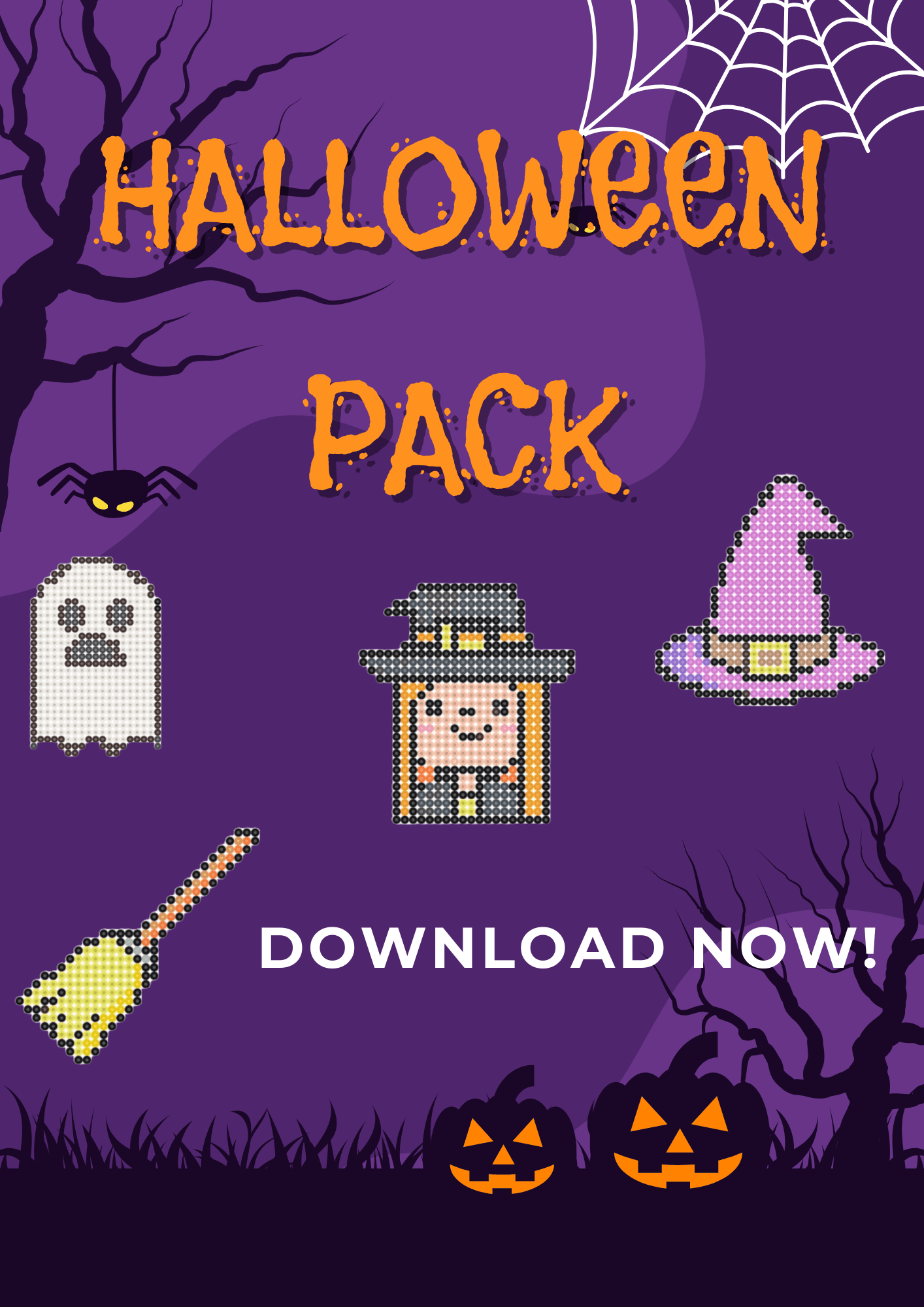 Halloween-themed bead patterns displayed on a pegboard with spooky designs